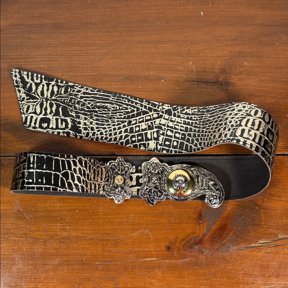 Women Y2K Rock Biker Belt Faux Croc Embossed Asymmetrical Statement Buckle Small